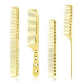 4 Types Metal Comb Set Professional Aluminum Dressing Comb Hair Comb Set for Barber Hair Styling, Included Fine Cutting Comb, Rat Tail Comb, Detangling Comb, Handle Comb - Gold