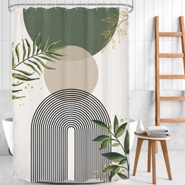 Mitpok Small Stall Green Boho Shower Curtain 54Wx78H Rv Modern Bohemian Abstract Sage Green Gold Leaves Plant Minimalist Narrow Half Bathroom Decor Geometric Bath Curtain Fabric Polyester 12 Pack Hook
