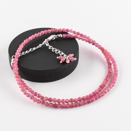 QNAVIC Natural Pink Tourmaline Gemstone Micro Round Beads Dainty Choker Necklace Jewelry for Women Healing Crystals October Birthstone Gift for Her Silver Plated Chain 18 inch