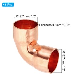 PATIKIL 1/2" ID 0.8mm Thick Elbow Copper Fitting, 6pcs 99.9% Pure Copper Pipe Fitting 90 Degree Short Radius Tube Connector Sweat Solder for HVAC Refrigeration System