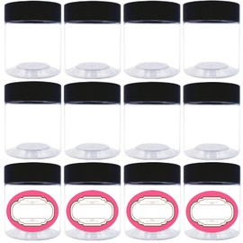 12 Pack 6 oz Plastic Jars with lids,Wide-mouth Clear Storage Containers with Black Lids,Empty Round Clear Plastic Jars with Lids and labels for Body Butter,Bath Salt,Slime and Beauty Products