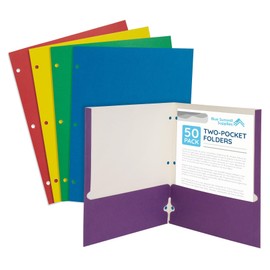 Blue Summit Colored Folders with Pockets, Paper Colored Pocket Folders, Two Pockets for Documents with Business Card Slot, 3 Hole Punched, Presentation and Child Classes, Assorted Colors, 50 Pack