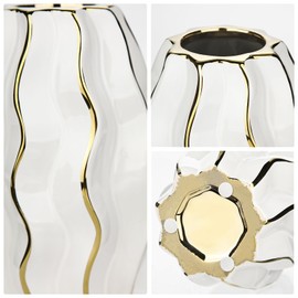 White & Gold Ceramic Flower Vase - 7.4" Modern Vertical Stripe Pottery Wave Vase | Ribbed Textured Flower Vase for Home Decor Bedroom Office Living Room Bathroom Table Centerpiece