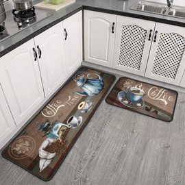 BOOWEATS 2 Piece Coffee Kitchen Decor Rug Set, Home Kitchen Sink Rugs and Mats Non Skid Washable Absorbent Microfiber Kitchen Floor Carpet 17"x47"+17"x30"