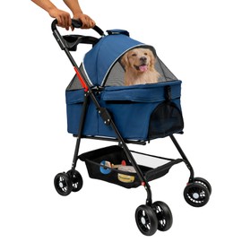 Pet Stroller 4 Wheels Dog Cat Stroller Foldable Puppy Strolling Cart with Cover and Storage Basket for Dogs and Cats up to 44.09 lbs (Blue)