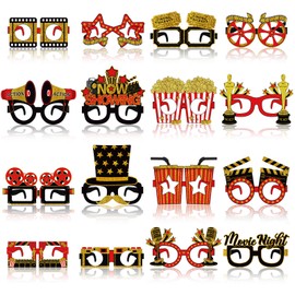 Pajean 32 Pcs Movie Night Party Decorations Eyeglasses Movie Theater Black Red Gold Paper Glasses Frame Film Props Photo Booth for Theater Themed Carpet Birthday Party Favors Supplies