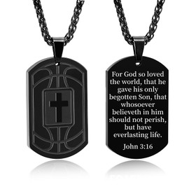 Fervia Basketball Bible Verse Cross Necklace for Men Stainless Steel Black Religious Gift Basketball Sports Jewelry for Men Boys Kids Teen with Stainless Steel Chain 22+2 inch(John 3:16)
