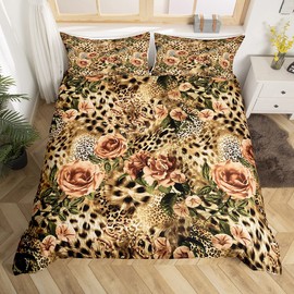 Juego de funda de edredón con estampado de leopardo, tamaño matrimonial, juego de ropa de cama de 3 piezas para niños, adolescentes, niñas, adultos, decoración de habitación, funda de edredón floral de animales salvajes, funda de edredón marrón con 2 fun
