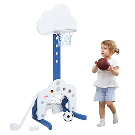 GLACER Toddler Basketball Hoop, 5 Adjustable Heights Toddler Basketball Goal w/Soccer & Golf Play Set, 3-in-1 Indoor Outdoor Kids Basketball Hoop, Gift for Baby Boys Girls Aged 3+ (White)