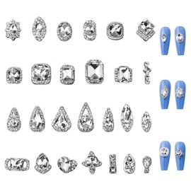 Silver Rhinestones for Nails, Pack of 26 Geometric Oval Square Water Drops Clear Nail Gemstones, Crystal Diamonds Metal Alloy Nail Stones 3D Nail Charms for Nail Design Decorations