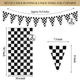 4 Pack Black White Checkered Party Decoration Set, 2 Pack 3.3ft x 6.6 ft Black White Checkerboard Foil Fringe Tinsel Streamer Curtain Backdrop + 2 Pennant Banner Buntings for Birthday, Racing Decor