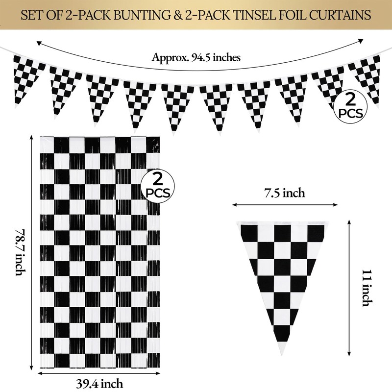 4 Pack Black White Checkered Party Decoration Set, 2 Pack