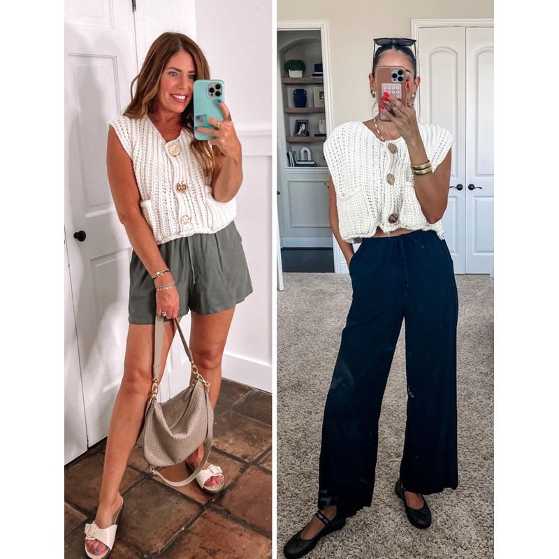 Hvewarm Womens Casual Chunky Knit Vest Gold Button Down Crop