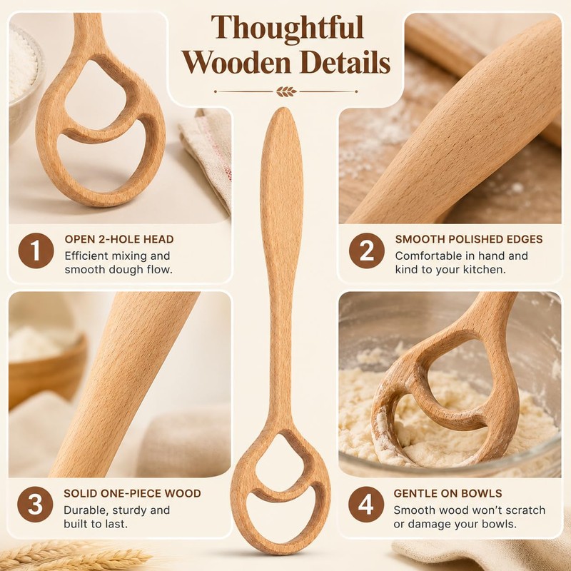 2 Pcs Wooden Danish Dough Whisks for Sourdough Bread, 12.6