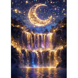 KINPLUB 5D Diamond Painting Kits for Adults Beginners, Moonlight Waterfall Diamond Art Kits for Adults, DIY Full Drill Round Moon Landscape Diamond Dots, Home Wall Decor 12x16 Inch