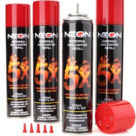 NEON Butane Fuel 300ml, 5X Premium Refined Butane Refill for Torch Lighter, 0 Impurities Lighter Fluid with Metal Nozzle & 5 Butane Gas Refill Adapters for Culinary, Welding, and DIY (4 Cans)