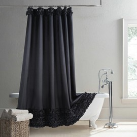 MVSUTA Ruffled Black Modern Polyester Fabric Cloth Bath Shower Curtain,Solid Boho Waterproof Decoratived Farmhouse Shower Curtains for Bathroom,72" W x 72" L