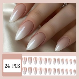 Gradient Nude Press on Nails Medium Almond Sparkly Gray Glossy Acrylic Artificial Natural Cute Ombre Summer Full Cover Glue on Fake Nails for Women Girls DIY Manicure Tips Decoration 24pcs