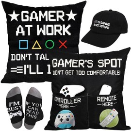 Geefuun Gamer Gifts 18"x 18" 2-Pocket Gaming Pillow Covers & “I’M Gaming DO NOT Disturb” Hats & Funny Socks, Christmas Easter Birthday Gift for Teen Boys Room (No Fillers)