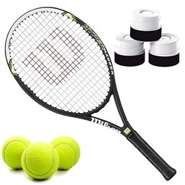 Wilson Hyper Hammer 5.3 110 Pre-Strung Recreational Tennis Racquet (4 1/4" Grip) Set or Kit Bundled with White Overgrips and a Can of ITF Regulation Tennis Balls