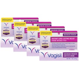 Vagisil Maximum Strength Feminine Anti-Itch Cream with Benzocaine for Women, Helps Relieve Yeast Infection Irritation, Gynecologist Tested, Fast-acting, Soothes and Cools Skin, 1 oz (Pack of 4)