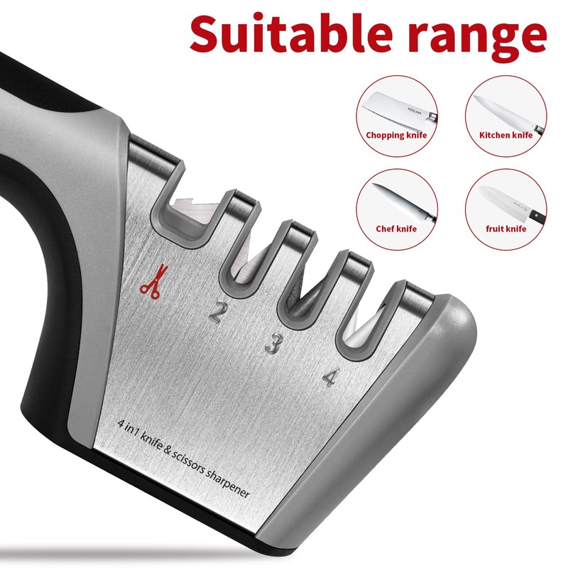 4-in-1 Knife Sharpener with 4-Stage Sharpening, Manual Kitchen Sharpener for