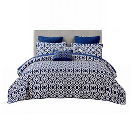Home Soft Things 7 Piece Printed Microfiber Bedspread, 102" x 90" King, Montgomery, Blue Durable Geometric Lightweight Bed Cover Coverlet Bedding Set with Matching Shams Pillows