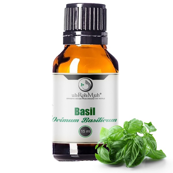 uh*Roh*Muh Pure Basil Essential Oil c.t. Methyl Chavicol | Home Essential Diffuser Oil for Aromatherapy, Perfect for Massage, Hair Care, Skin Care and Making Perfumes - India (15 ml with euro dropper)