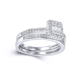 Jewelco London Sterling Silver Round & Baguette CZ Shoulder-set Square Solitaire-style Wedfit Bridal Rings Set