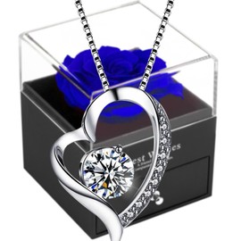 SWEETIME Forever Blue Rose Gift Box with Necklace-Real Eternal Rose with 925 Sterling Silver Women Necklace Inside,Enchanted Real Rose Flower Gift for Mother's Day Anniversary Wedding