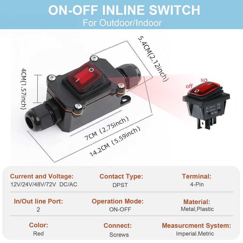IP67 Waterproof Inline Switch with Red Light Rocker Button, On