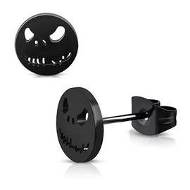 YZstyle Stainless Steel Black/Silver Jack Skellington Cut-Out Round Circle Button Stud Post Earrings（10mm） (BlackER0026)