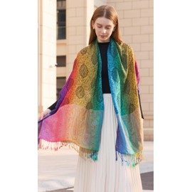 Wander Agio Womens Pashmina Shawl Party Jacquard Wraps Evening Dress Silk Like Wrap Long Silky Satin Face Scarf Paisley, Colourful Black 1, Large