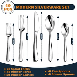 Silverware Set for 8, Heavy Duty 18/10 Stainless Steel Cutlery Set Flatware Set,40 Piece Premium Silverware, Mirror Polished Modern Cutlery include Fork Knife Spoon Set,Dishwasher Safe