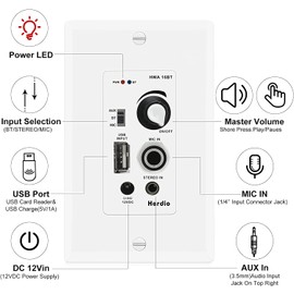 Herdio in Wall Audio Control Amplifier Receiver 2 Channel Wall Plate with USB Microphone Aux (3.5mm) Input 100Watt Max Module for Sound Systems Home Theater Integration Compatible with Bluetooth