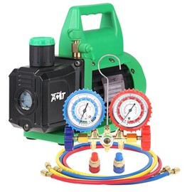 PB Motor Tech 4.5 CFM Vacuum Pump with Brass Manifold Gauge Set with 4FT Three-Color Hoses and 2 Quick Couplers, for R134A, R12, R22, R502 Refrigerants, for Auto & Household AC Maintenance