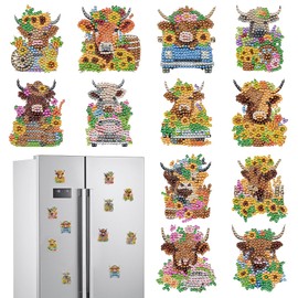 Highland Cow Diamond Art Magnets Refrigerator - 12 PCS Diamond Painting Fridge Magnet Kit DIY Gem Art Set for Adults Beginners Cow Lover Home Aesthetic Decor Christmas Birthday Gift