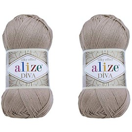 Alize Diva Yarn Hand Knitting Yarn 100% Microfiber Acrylic Yarn Alize Diva Silk Effect Thread Crochet Art Lace Craft Lot of 2 skeins 200gr 767 yds (167-Beige)