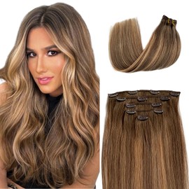 Seamless Remy Clip in Hair Extensions Human Hair Balayage Brown to Brown Mixed Caramel Blonde Human Hair Extensions Clip in 70G 5PCS Straight Blonde Highlights Real Hair Extensions Clip ins 20 Inch