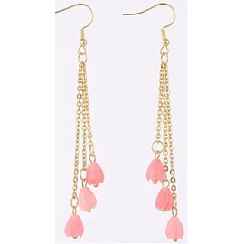 Earring, Bold Faux Coral Carved Flower Gold Plated Tassel Earrings 89mm(3.5") +GIFT BAG