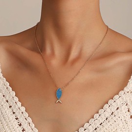 Inilbran Boho Blue Fish Necklace Vintage Crystal Fish Choker Necklace Blue Fish Pendant Necklace Minimalist Fish Chain Necklace Jewelry for Women or Girls