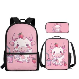 Dremagia Cow Strawberry Backpack 5th Grade with Lunch Box for Girls Cute Cartoon School Bag and Lunch Bag Elementary School Bookbags/Lunchboxes/Pencil Case for Age 6 7 8