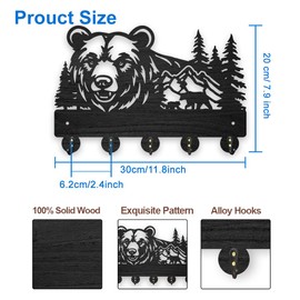 MAYJOYDIY Wooden Bear Key Holder for Wall 11.8x7.8inch Mountains Forest Wall Mounted Key Rack Animal Element Coat Hat Hook 5 Alloy Hooks for Entryway Front Door Hallway Wall Art Decoration