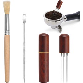 Espresso Distribution Tool 6 Needle Espresso Coffee Stirrer 0.4mm Thick Espresso Stirrer with Nature Wood Handle and Stand Coffee Stirrer Tool with Coffee Art Pen and Coffee Brush for Barista