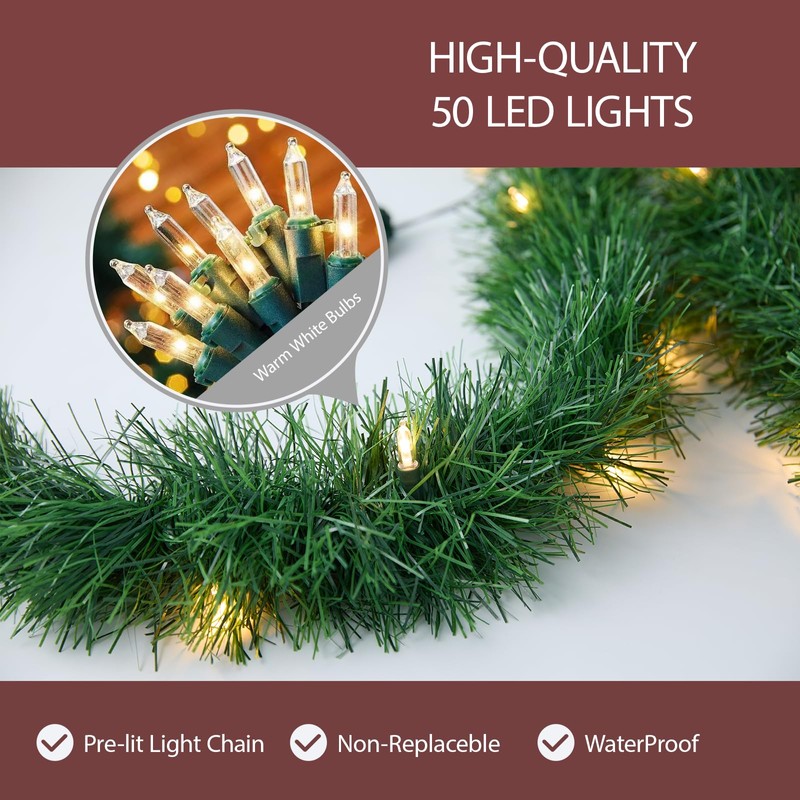 15.4ft Pre-Lit Christmas Garland with Lights – 50 LED Lighted