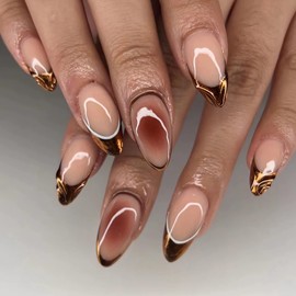 MERVF Almond Press on Nails Medium Fake Nails Gold French Tip Glue on Nails Brown Aura Gradient Press ons Acrylic Stiletto Fall False Nails with 3D Design Glossy 24pcs