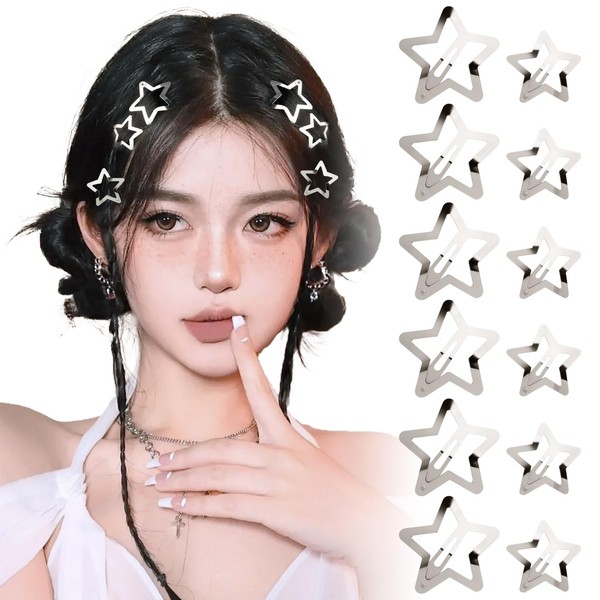 BOFUNX Pack of 12 Star Hair Clips Silver Y2K Hair Accessories Pentagram Hair Clips for Girls and Women, 2 Sizes 3 cm 4 cm