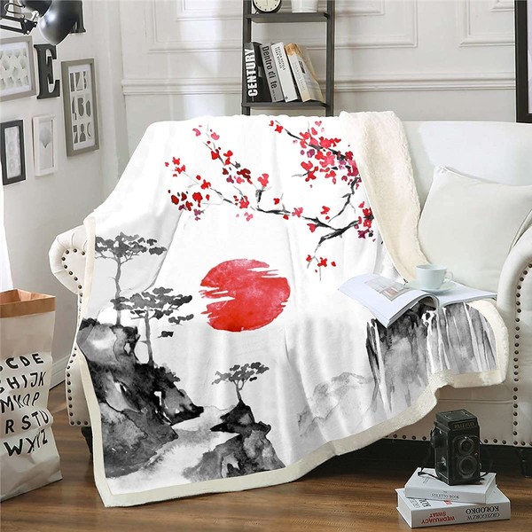 Loussiesd Japanese Ukiyoe Blanket 150 x 200 cm Cherry Blossom Red Sun Cuddly Blanket for Children Boys Girls Ink Japanese Style Blanket Exotic Style Decor Flannel Fleece Blanket