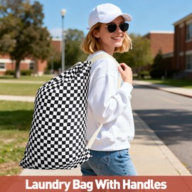Bolsa de lavandería, mochila para ropa sucia, bolsa de lavandería para viajes universitarios, lavandería, apartamento, con asas 29" X 18" (Negro y blanco a cuadros)