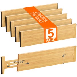 Lifewit 5 Pack 4" High Bamboo Drawer Dividers, 17-21.5" Adjustable Drawer Organizers for Clothes, Wood Dresser Drawer Divider, Expandable Deep Drawer Separators for Dresser, Kitchen, Bedroom, Bathroom